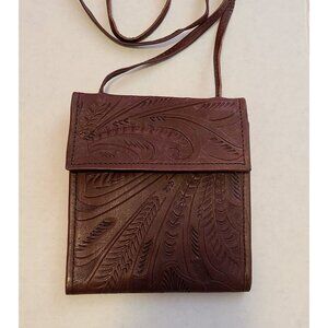 T SALDIVAR tooled leather cross body shoulder bag wallet purse Brown Boho Y2k